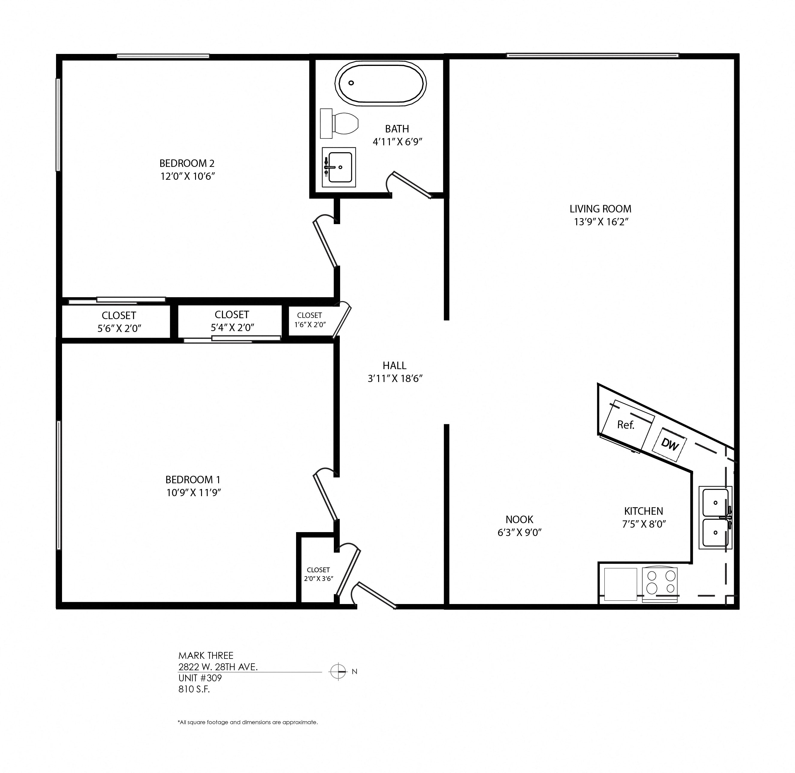 Floor plan for 2 beds, 1 bath, 810 sqft